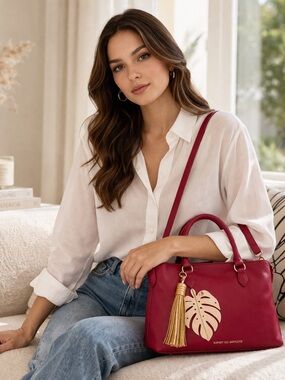 Rebecca Minkoff Burgundy Distressed Leather Boho Fringe SatchelTassel&Gold Leaf